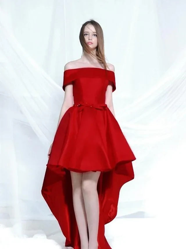 DingjiA-Line Elegant Engagement Cocktail Party Dress Off Shoulder Sleeveless Asymmetrical Satin with Bow(s)