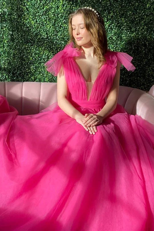 Plunge V Bow-Strap A-Line Long Prom Gown