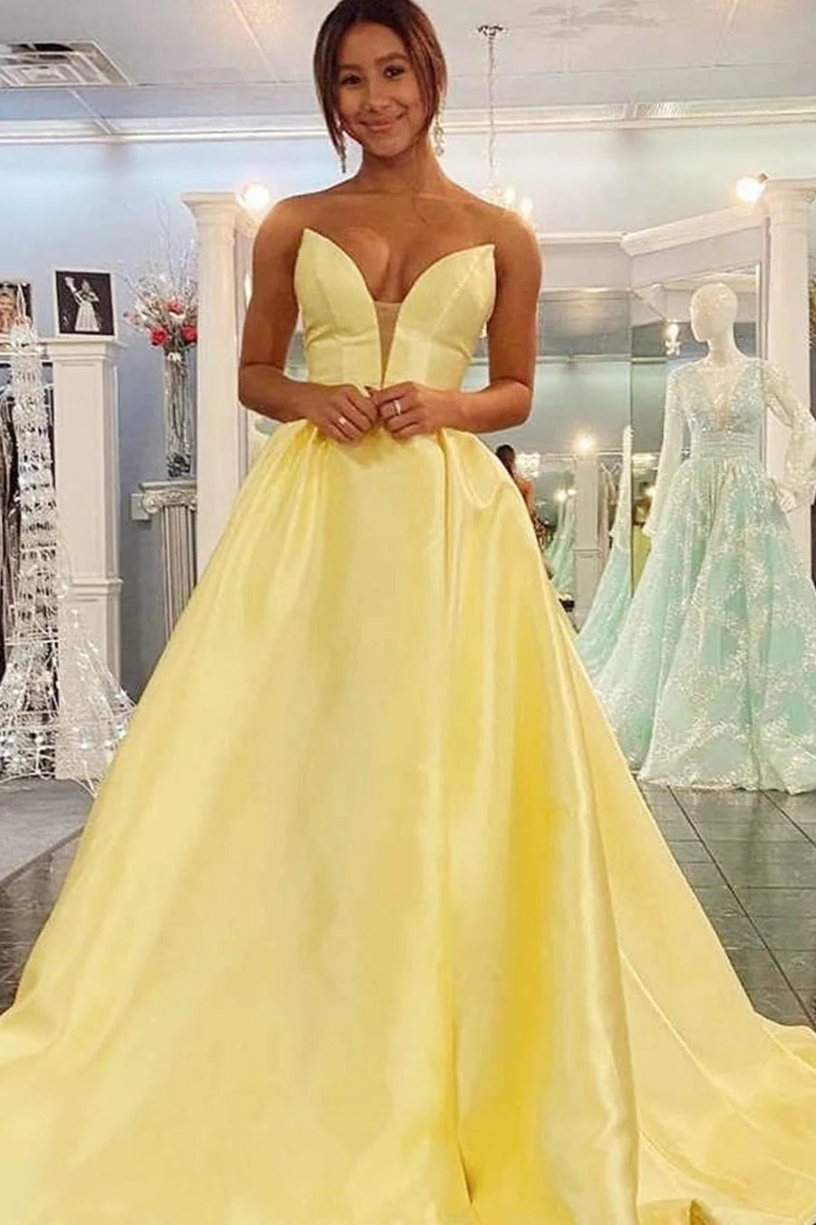 Satin V-Neck Strapless A-Line Prom Dress