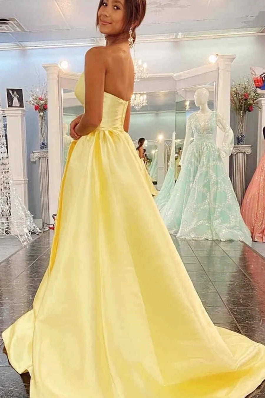 Satin V-Neck Strapless A-Line Prom Dress