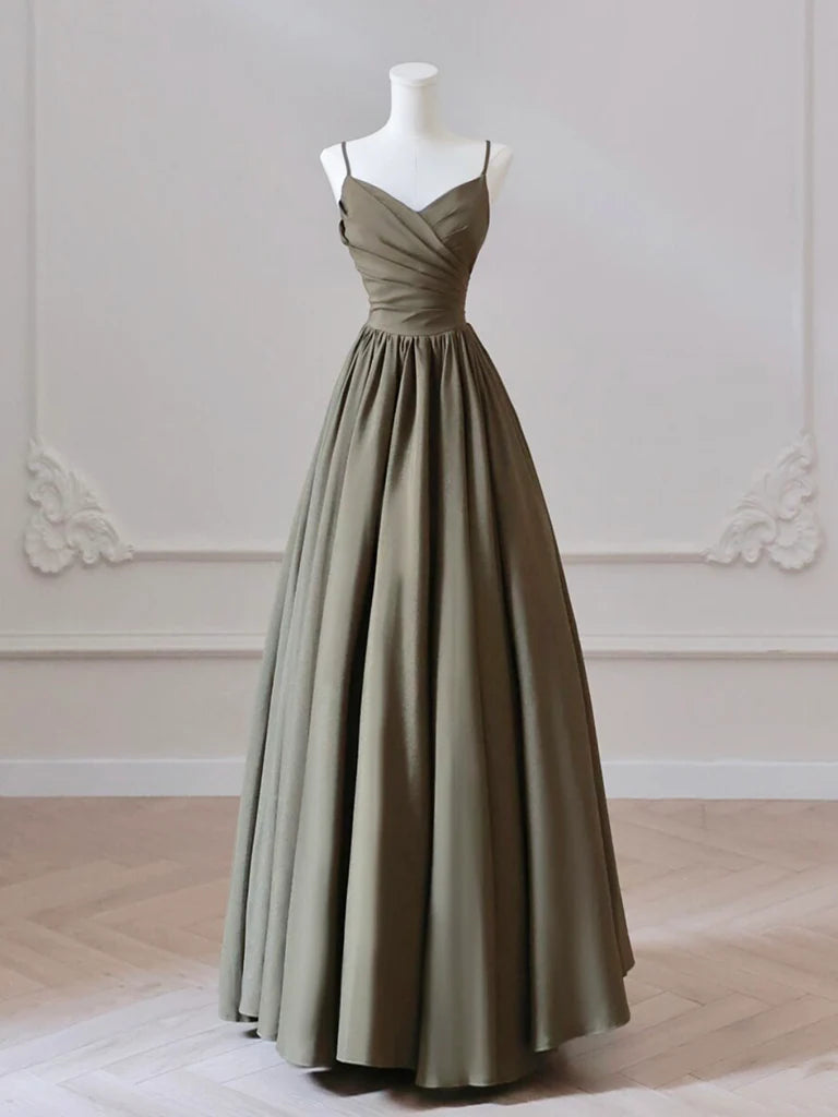 A-Line V Neck Satin Olive Green Long Prom Dress