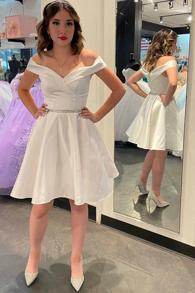 White Off-the-Shoulder A-Line Short Homecoming Dress