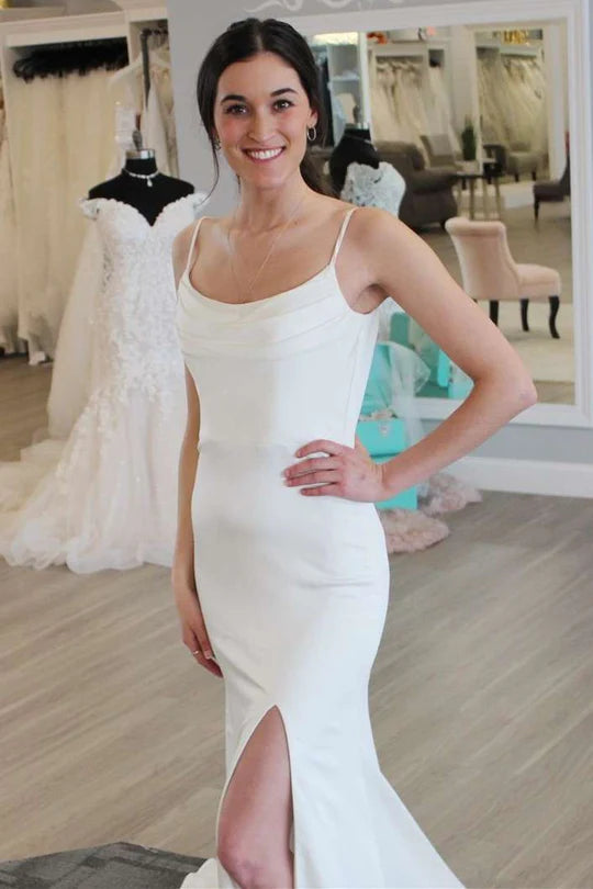 Cowl Neck Backless Long Wedding Dress with Slit