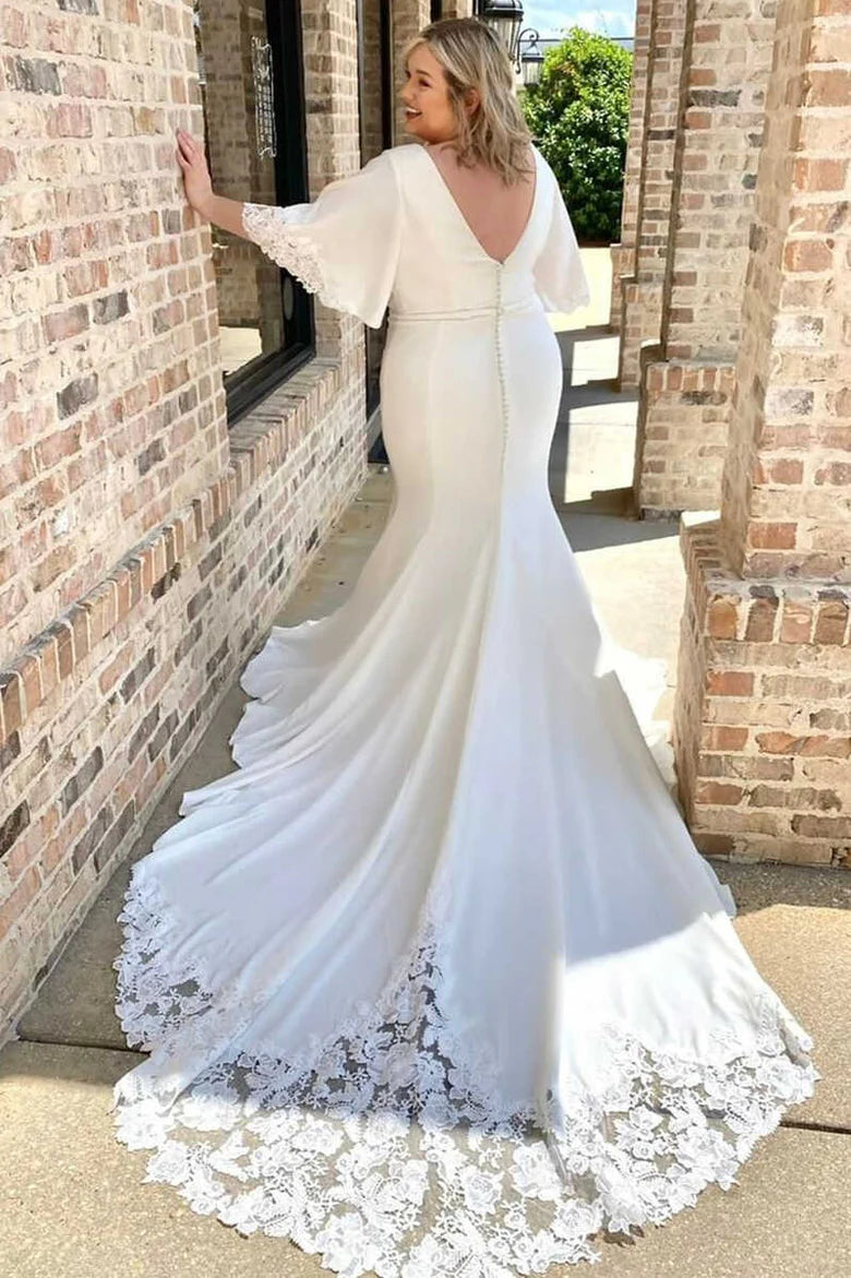 V-Neck Flutter Sleeve Mermaid Long Wedding Dress