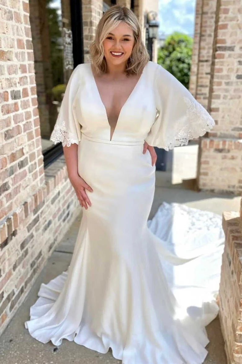 V-Neck Flutter Sleeve Mermaid Long Wedding Dress