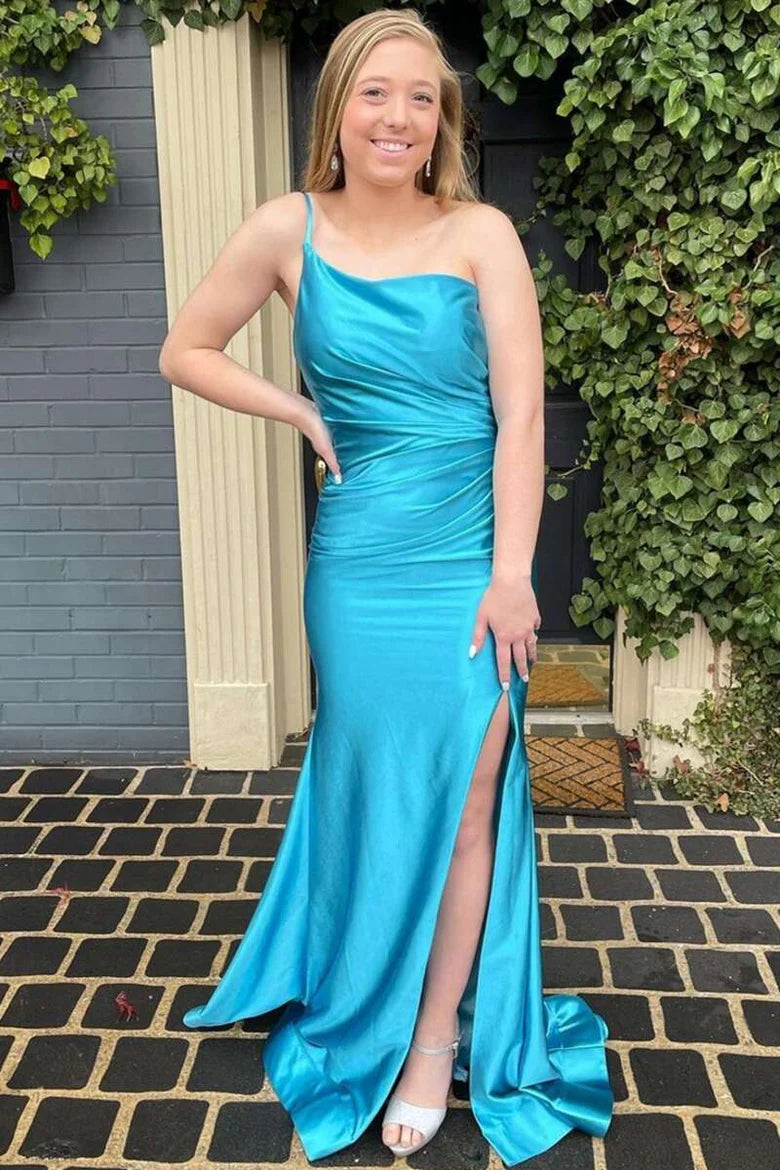 One-Shoulder Ruched Long Prom Dress with Slit