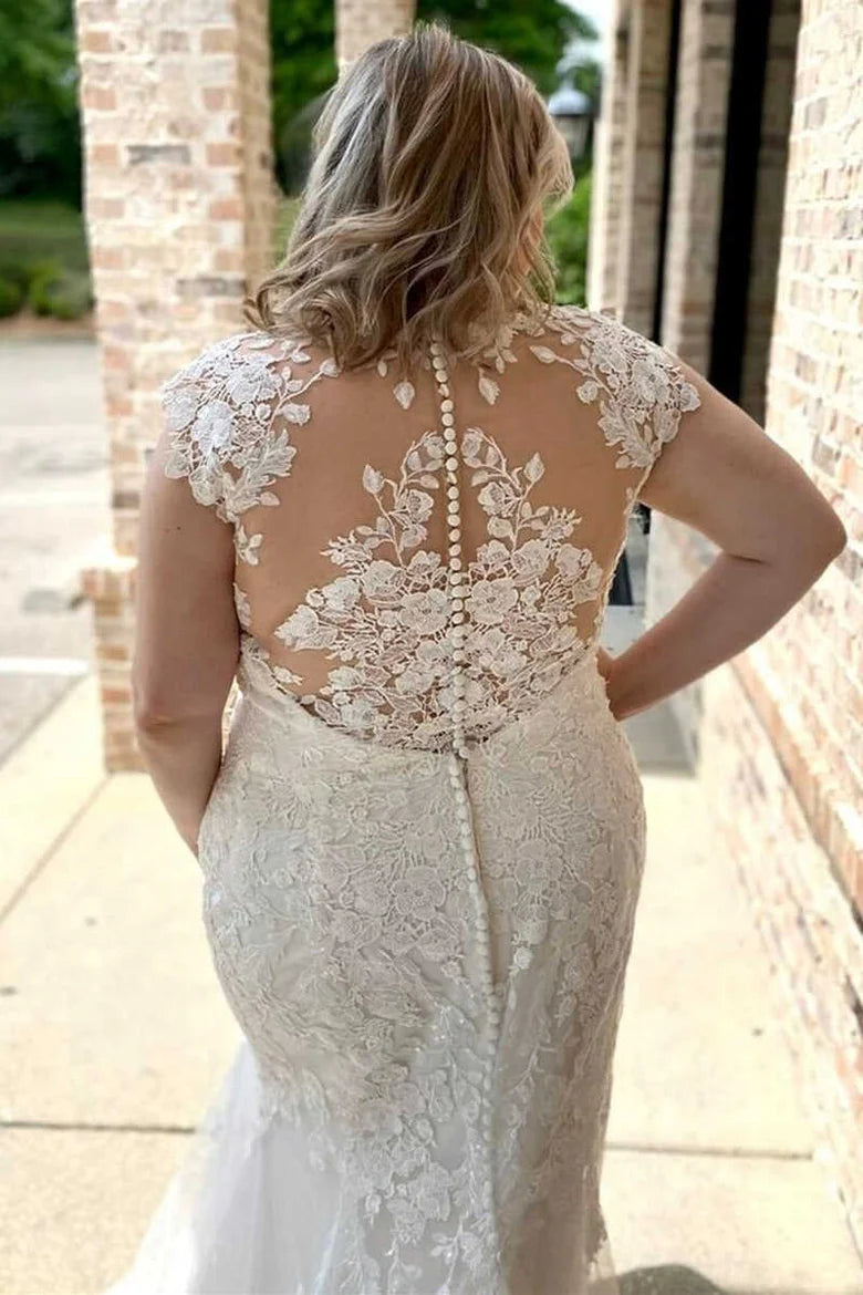 Lace Sweetheart Sheer Back Mermaid Long Wedding Dress