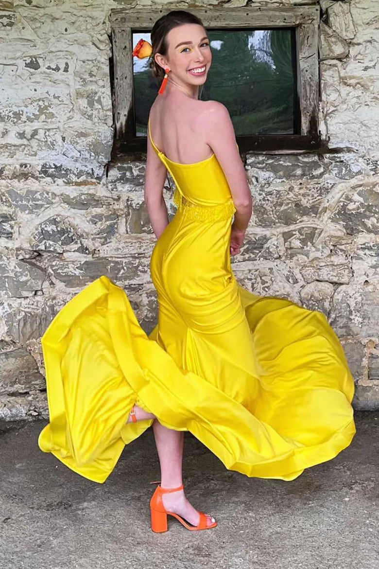 Yellow One-Shoulder Fringe Long Prom Dress with Slit