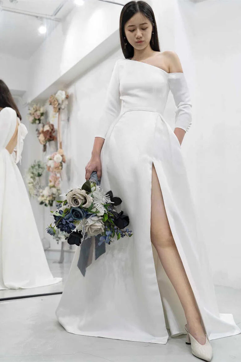 Asymmetrical Backless Long Wedding Dress with Slit