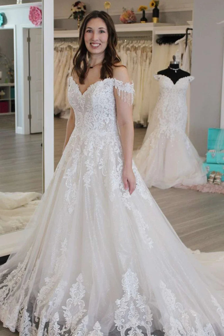 Appliques Off-the-Shoulder Tassel A-Line Long Wedding Dress