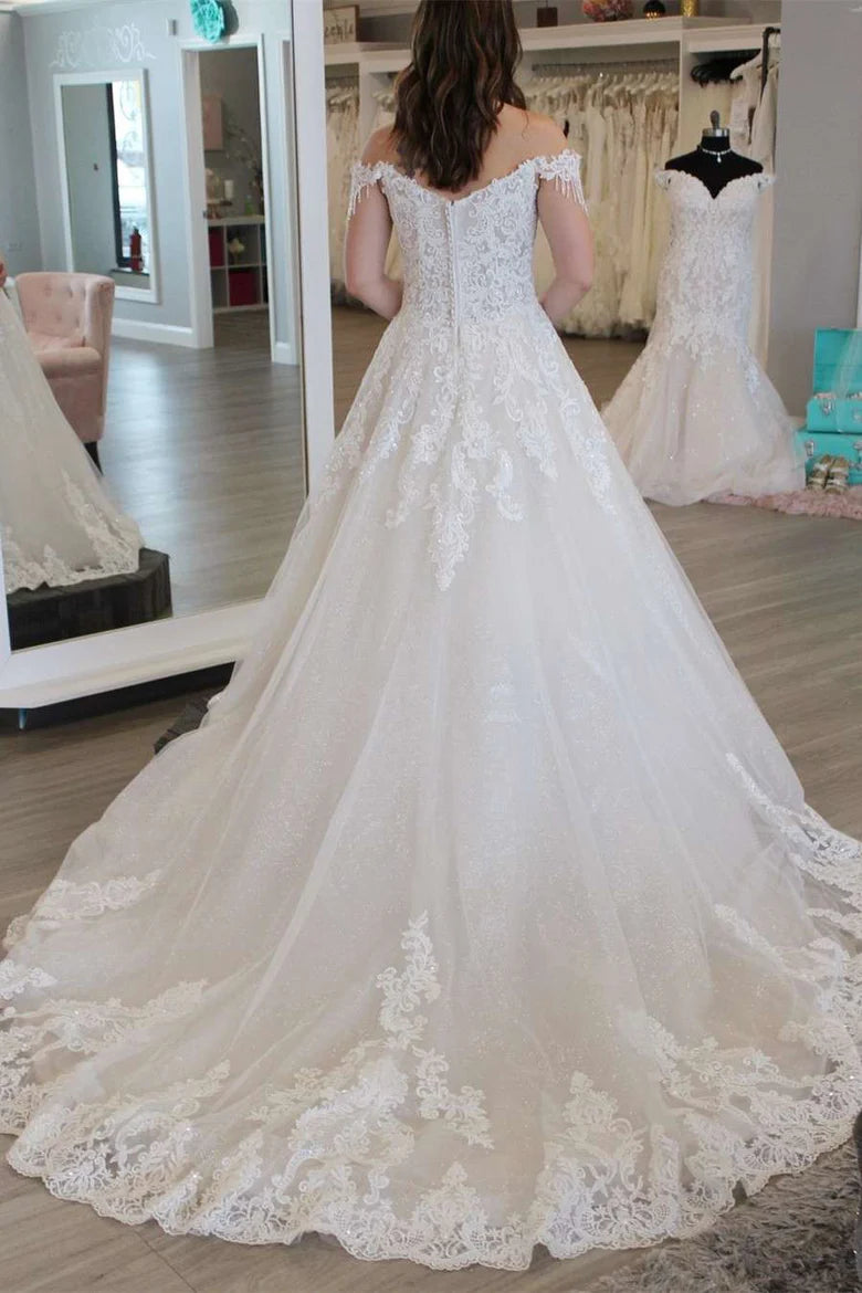 Appliques Off-the-Shoulder Tassel A-Line Long Wedding Dress