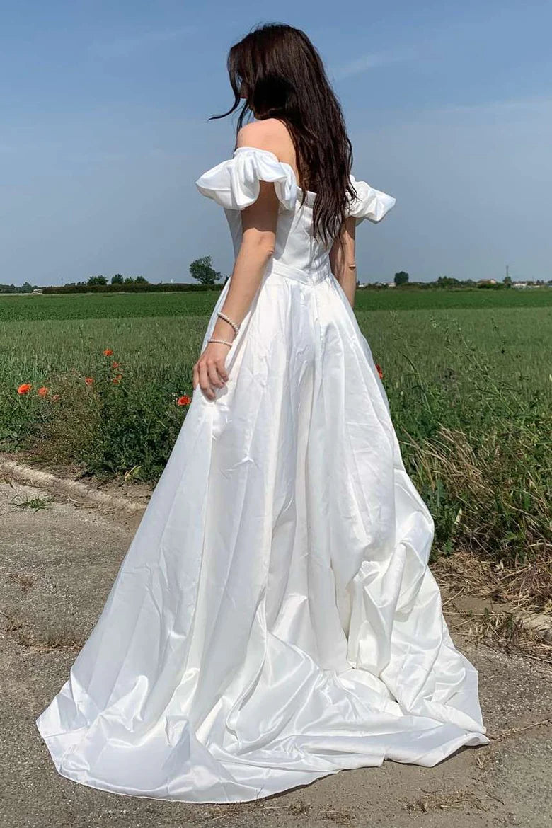 Off-the-Shoulder Puff Sleeve A-Line Long Wedding Gown