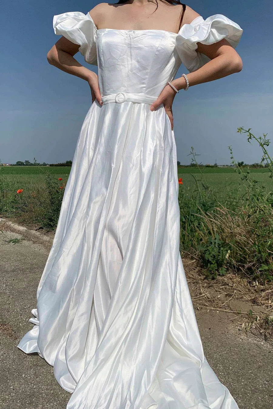 Off-the-Shoulder Puff Sleeve A-Line Long Wedding Gown