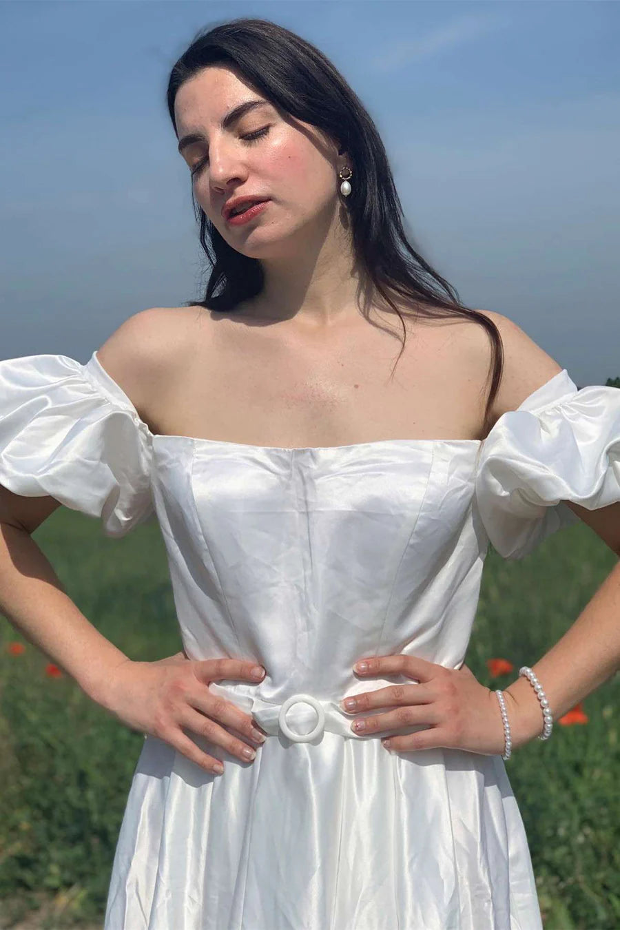 Off-the-Shoulder Puff Sleeve A-Line Long Wedding Gown