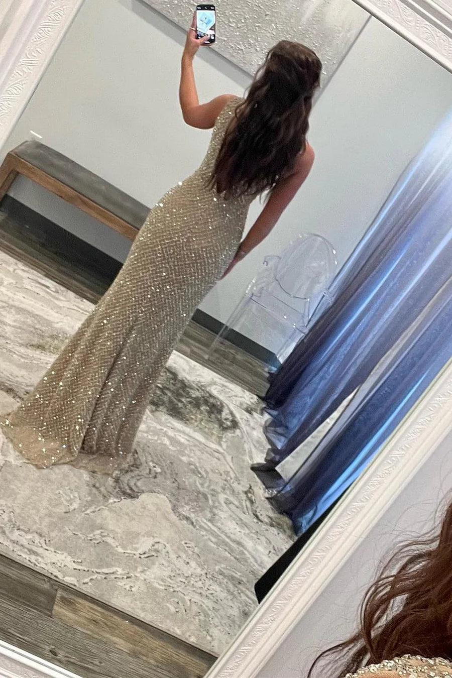 Beaded Plunge V Long Formal Dress with Slit