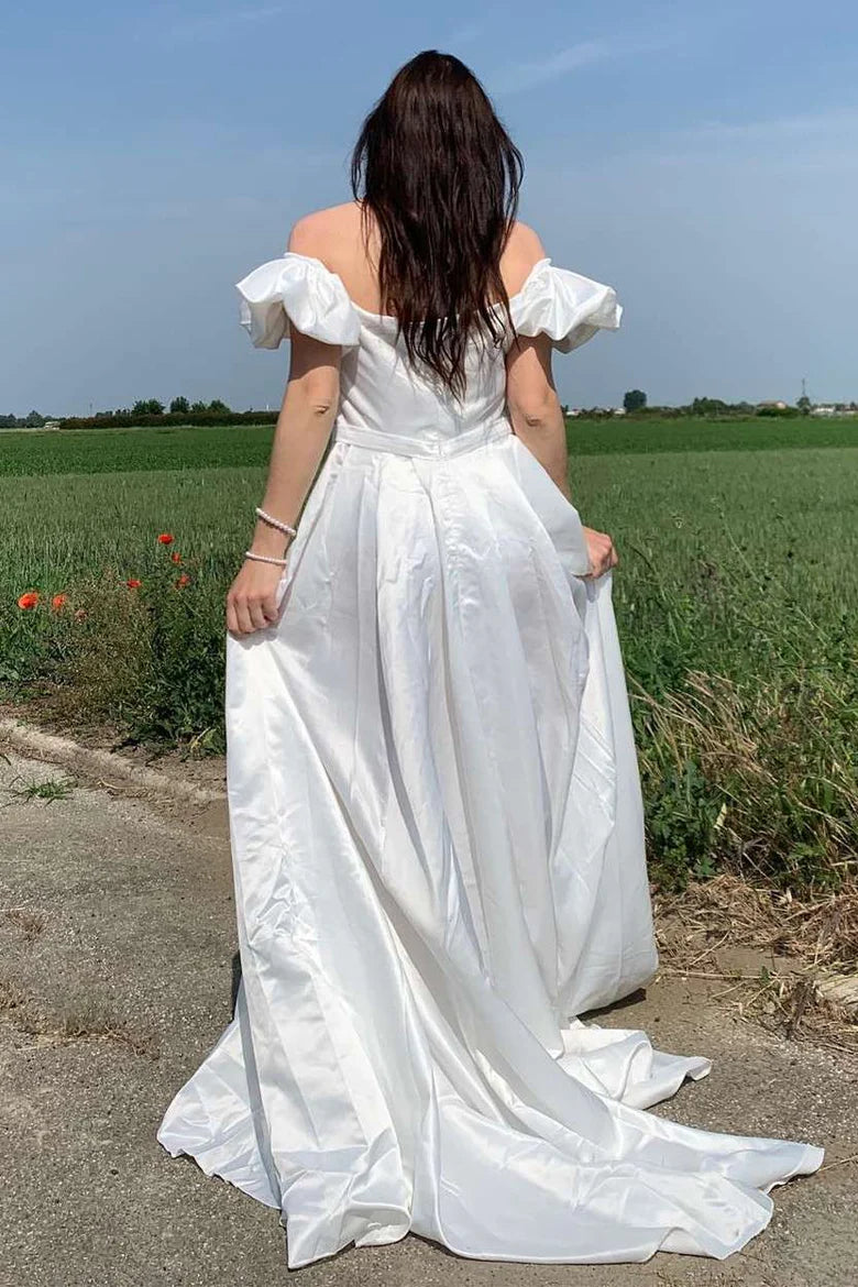 Off-the-Shoulder Puff Sleeve A-Line Long Wedding Gown
