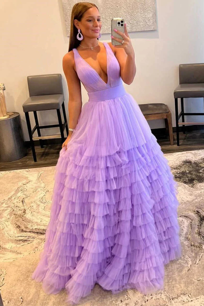 Lavender Plunge Neck A-Line Long Prom Dress