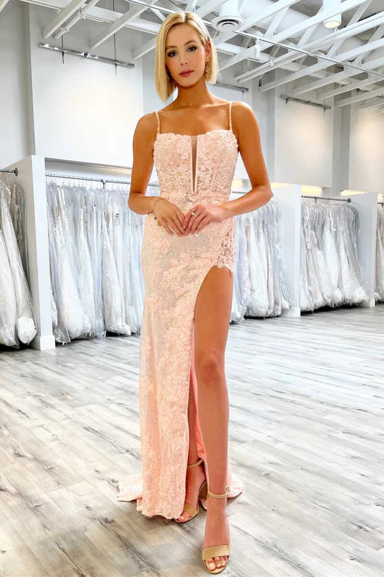 Sequin Split Neck Long Prom Dress with Slit