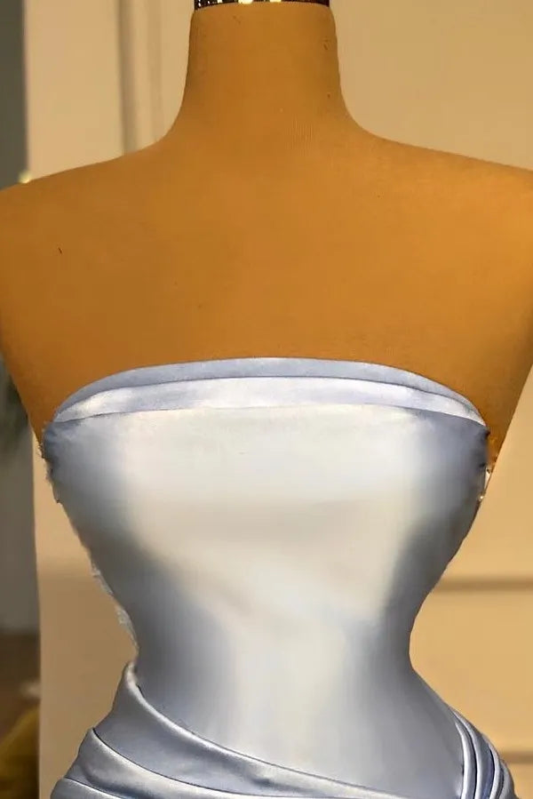 Long Mermaid Strapless Sleevelss Satin Prom Dress with Ruffles