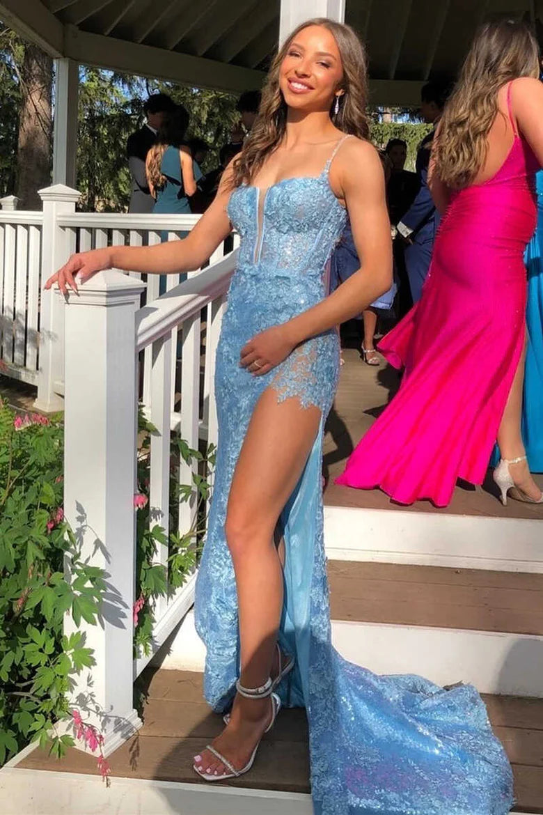 Sequin Split Neck Long Prom Dress with Slit