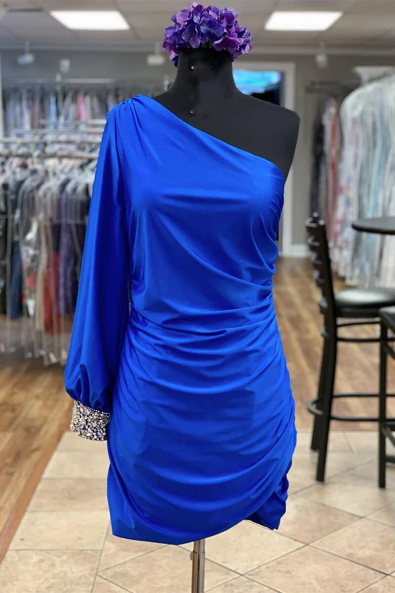 One Sleeve Ruched Mini Homecoming Dress