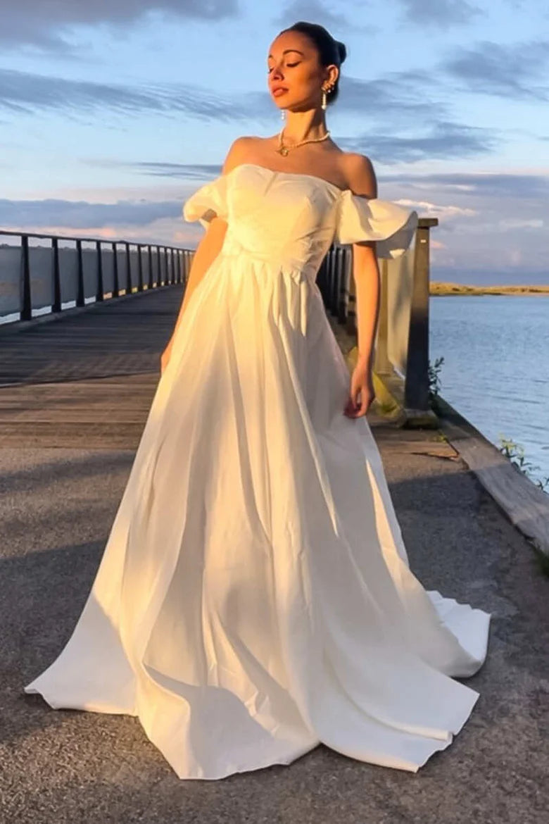 Off-the-Shoulder Ruffled Sleeve A-Line Long Wedding Dress