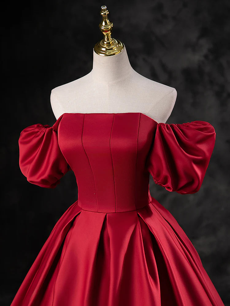 A-Line Burgundy Satin Long Prom Dress