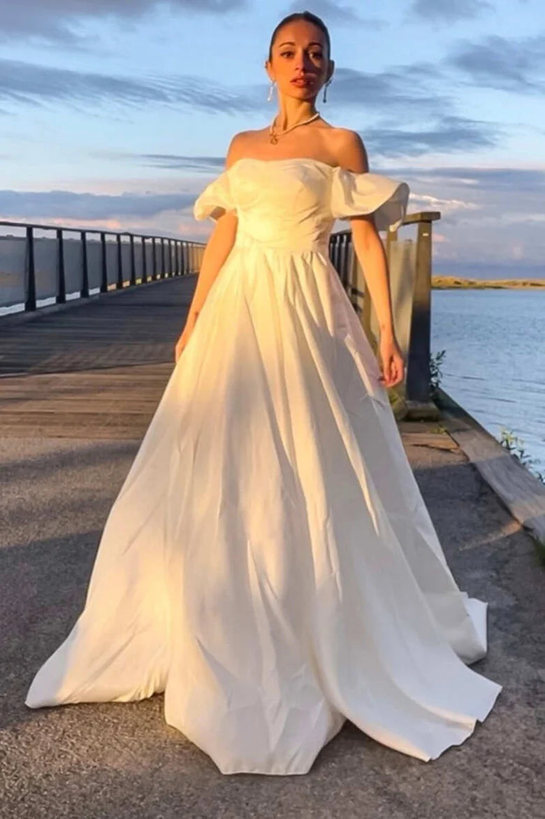 Off-the-Shoulder Ruffled Sleeve A-Line Long Wedding Dress