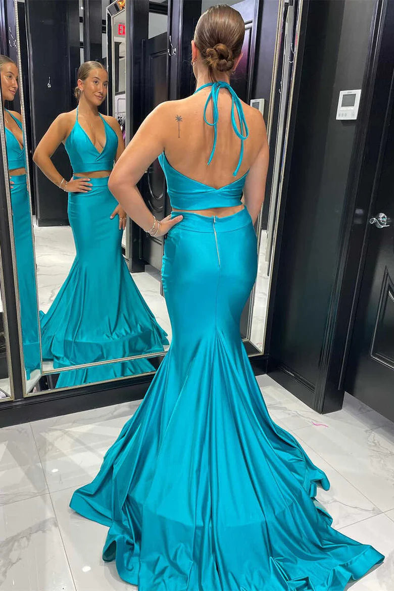 Two-Piece Halter Trumpet Long Prom Dress
