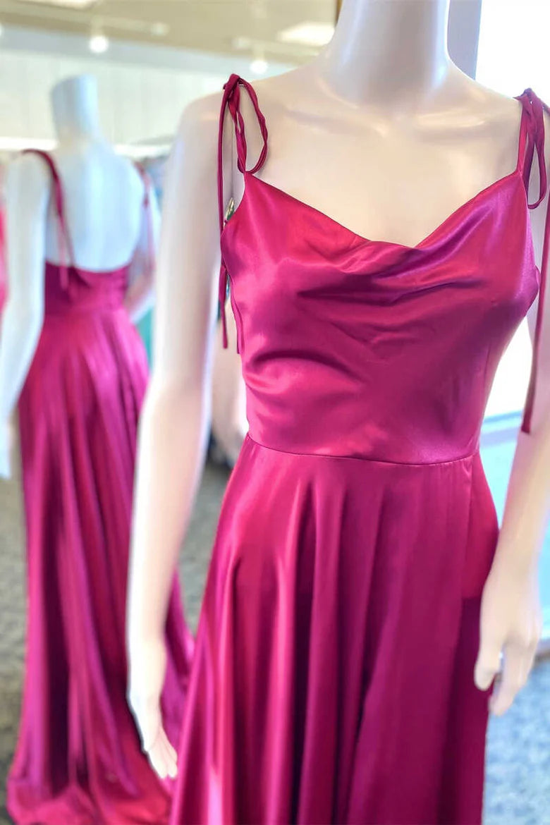 Satin Cowl Neck Tie-Strap A-Line Long Formal Dress