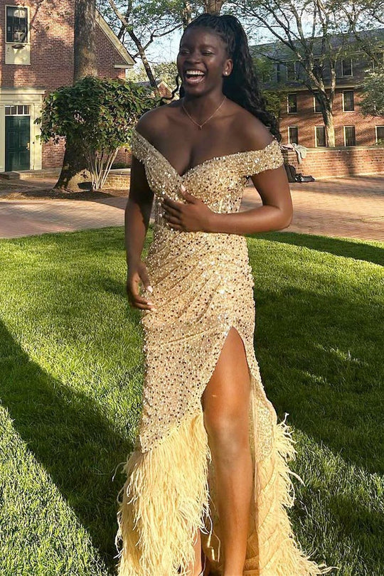Sequin Feather Off-the-Shoulder Maxi Dress with Slit