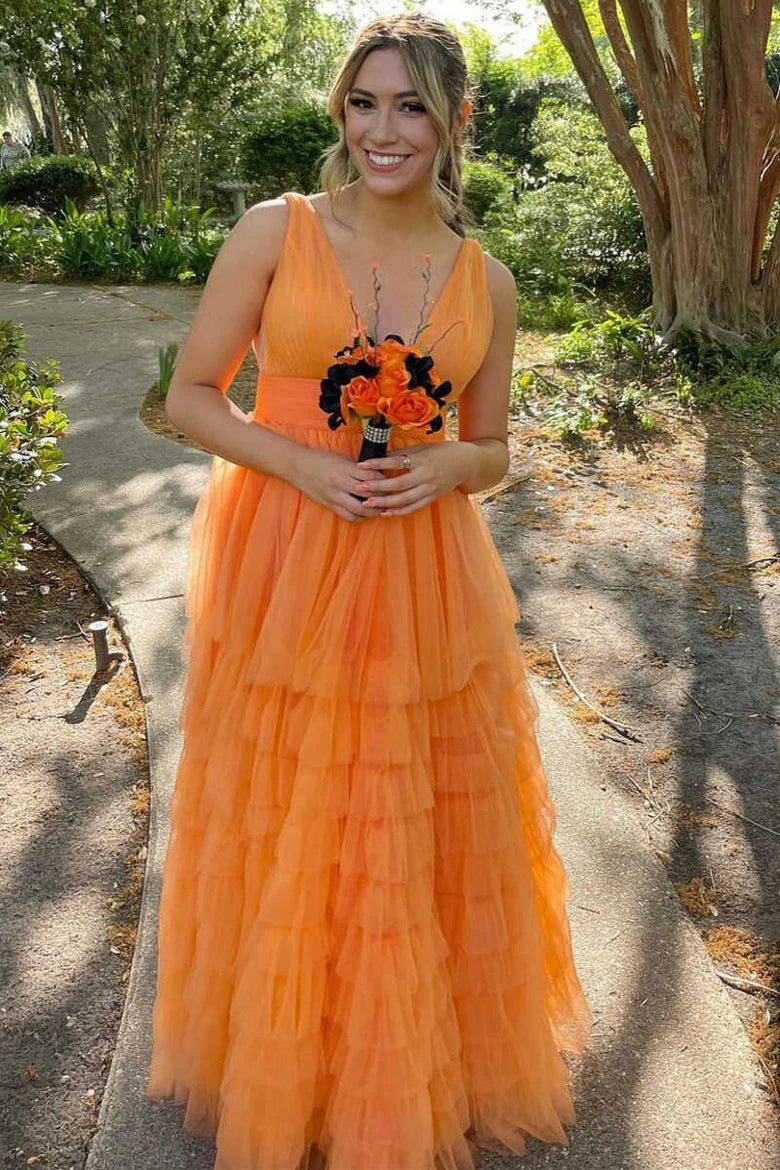 Lavender Plunge Neck A-Line Long Prom Dress