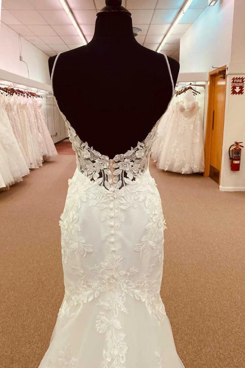Lace Straps Backless Trumpet Long Wedding Dress