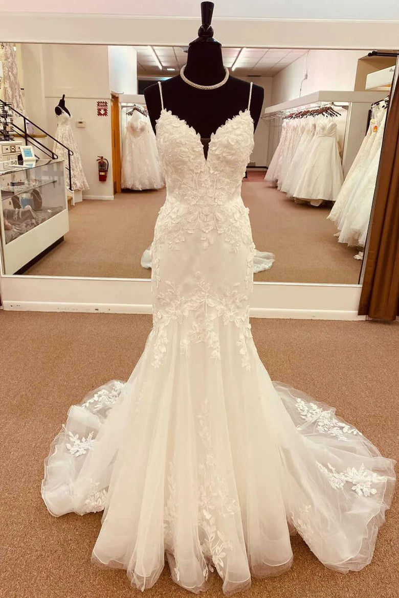 Lace Straps Backless Trumpet Long Wedding Dress