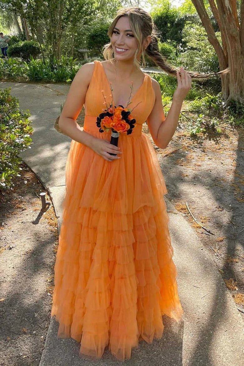 Lavender Plunge Neck A-Line Long Prom Dress