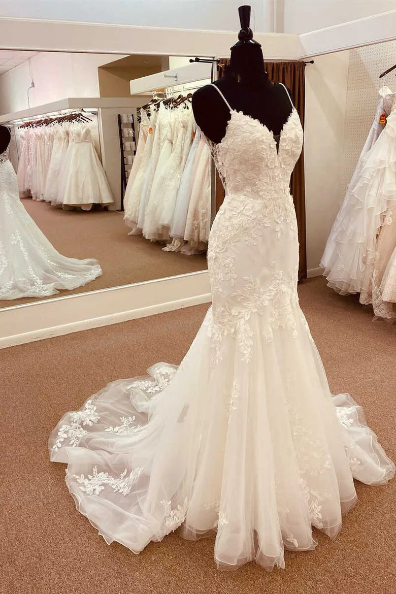 Lace Straps Backless Trumpet Long Wedding Dress