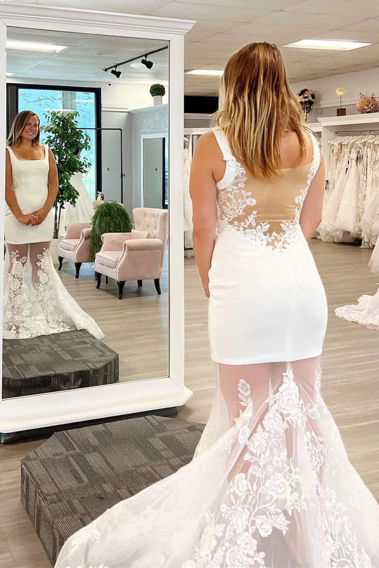 Spliced Square Neck Trumpet Long Wedding Dress