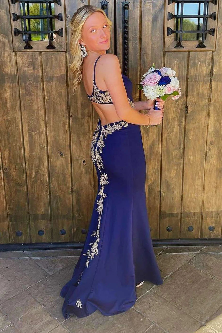 V-Neck Appliques Backless Mermaid Long Formal Dress