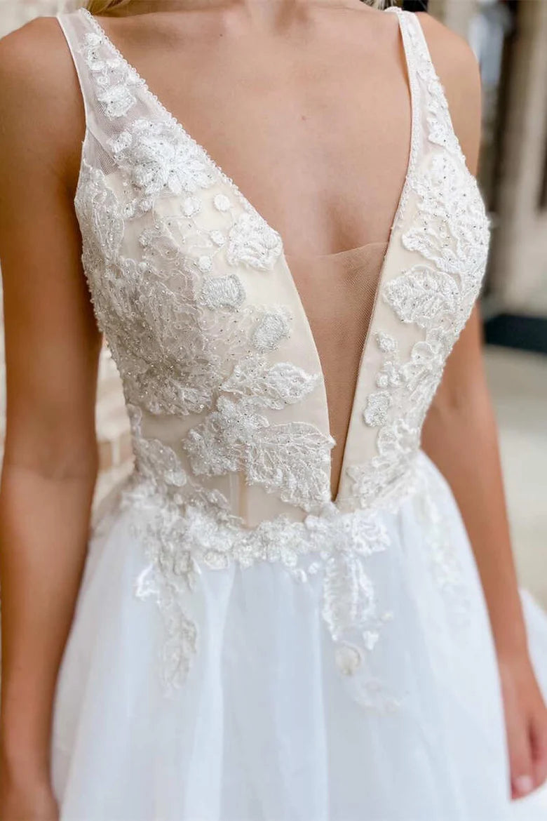 Lace Plunge V Backless A-Line Long Wedding Dress