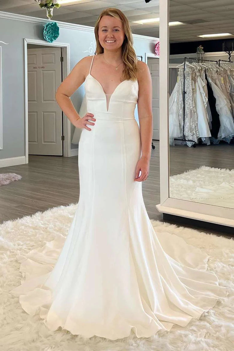 White Plunge V Spaghetti Straps Long Wedding Dress