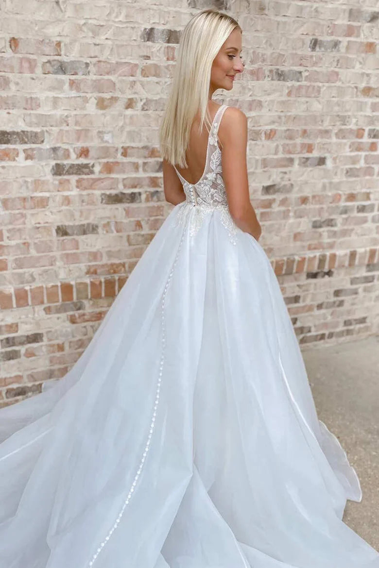 Lace Plunge V Backless A-Line Long Wedding Dress