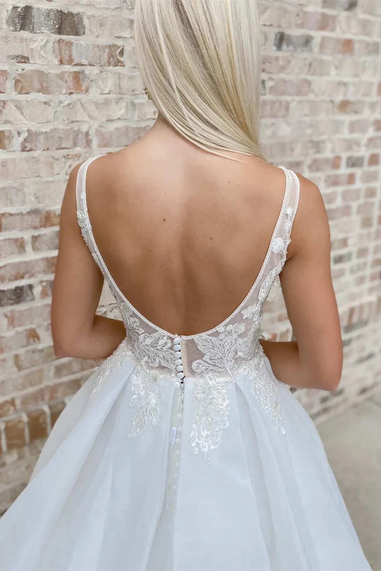 Lace Plunge V Backless A-Line Long Wedding Dress