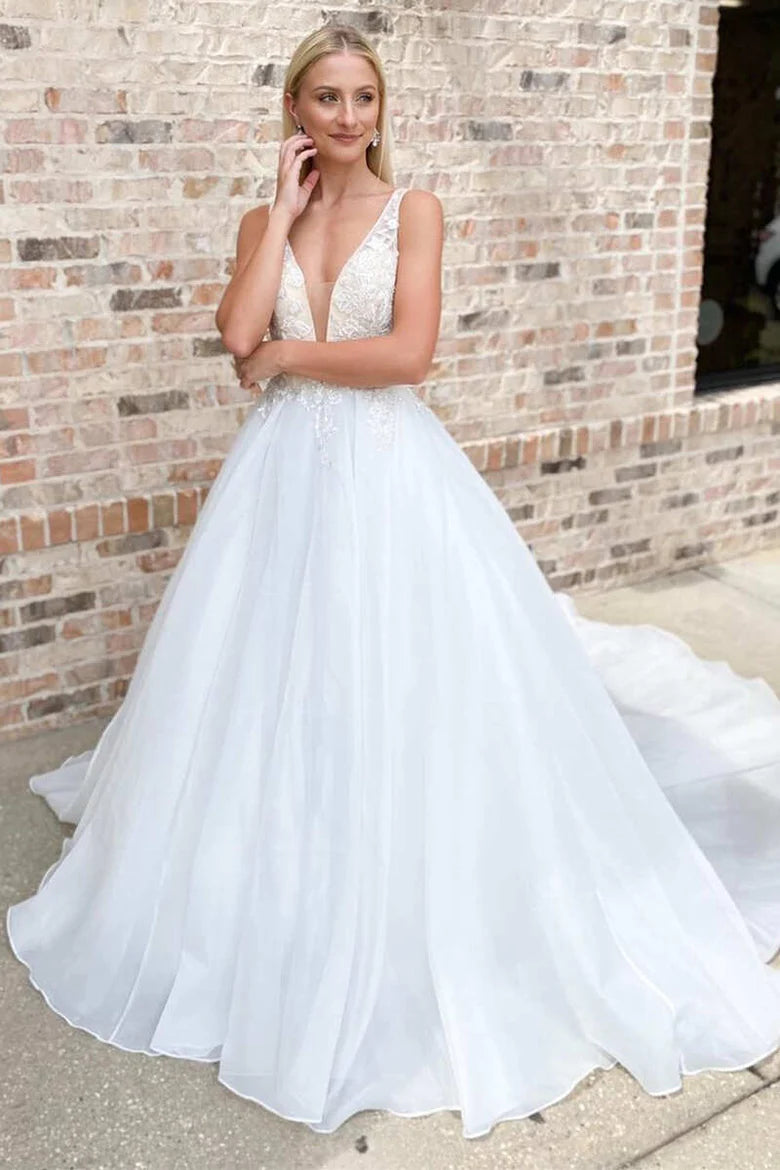 Lace Plunge V Backless A-Line Long Wedding Dress