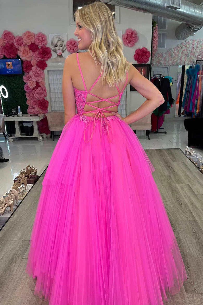 Lace V-Neck Lace-Up Back A-Line Long Ball Gown