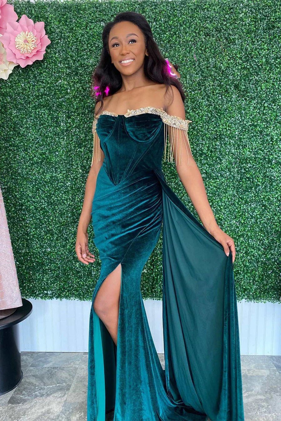 Velvet Off-the-Shoulder Fringe Long Prom Dress