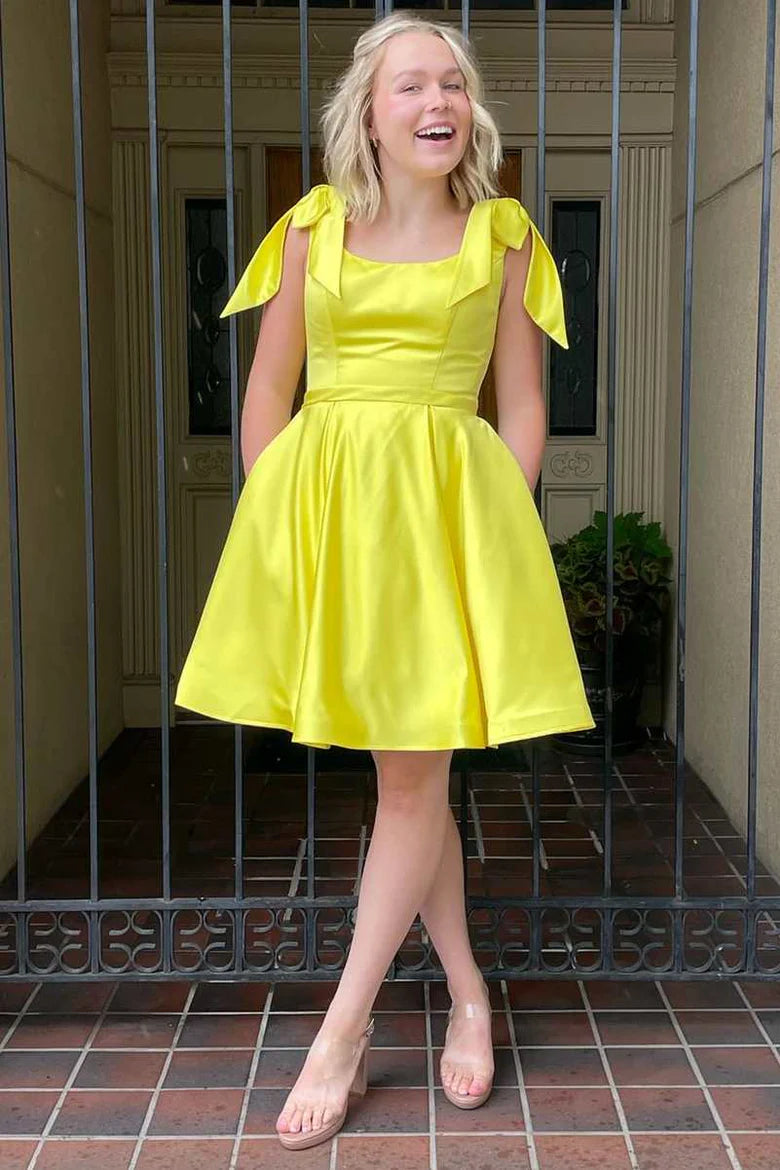 Yellow Bow-Strap Short Homecoming Dress