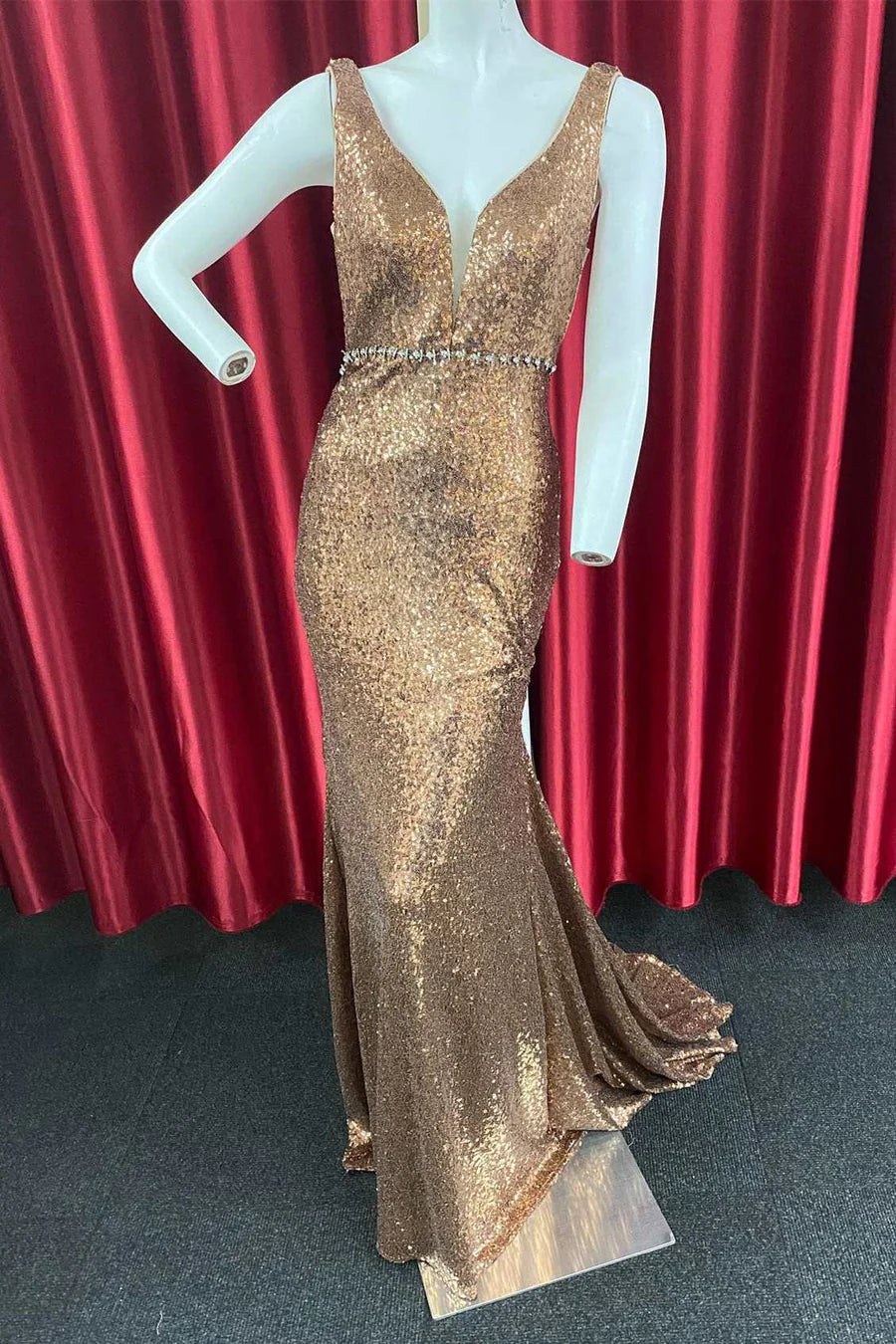 Sequin Plunge V Mermaid Long Formal Dress with Belt