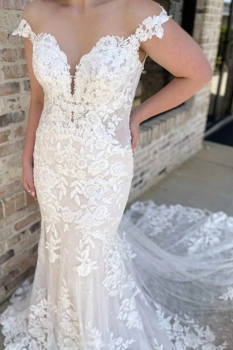 Off-the-Shoulder White Lace Backless Mermaid Long Wedding Gown