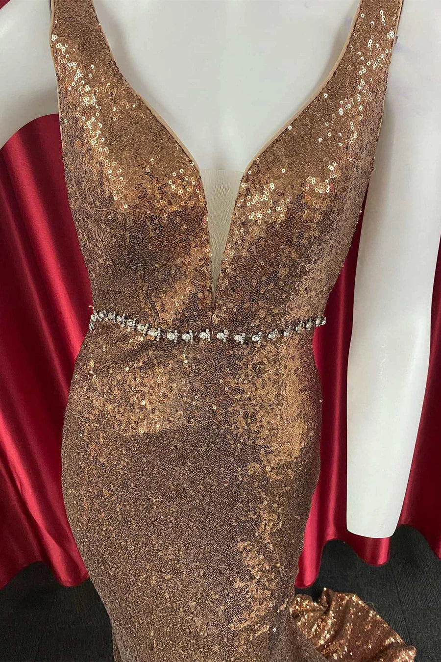 Sequin Plunge V Mermaid Long Formal Dress with Belt