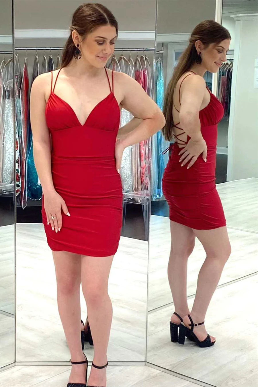 V-Neck Lace-Up Tight Mini Homecoming Dress